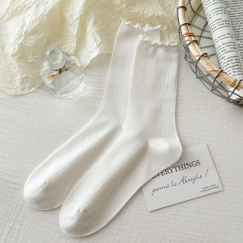 Boneless Socks for Women, Summer Thin Mesh Breathable Pile Socks, Black Fungus Edge Mid-calf Socks, Loose Lace Postpartum Socks for Women