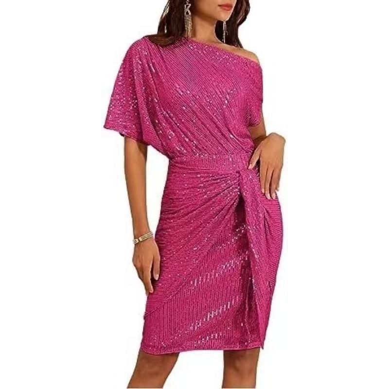 Ladies Trimmed Shiny Party Club Shoulder Folds Toast Dress Fashion Dress