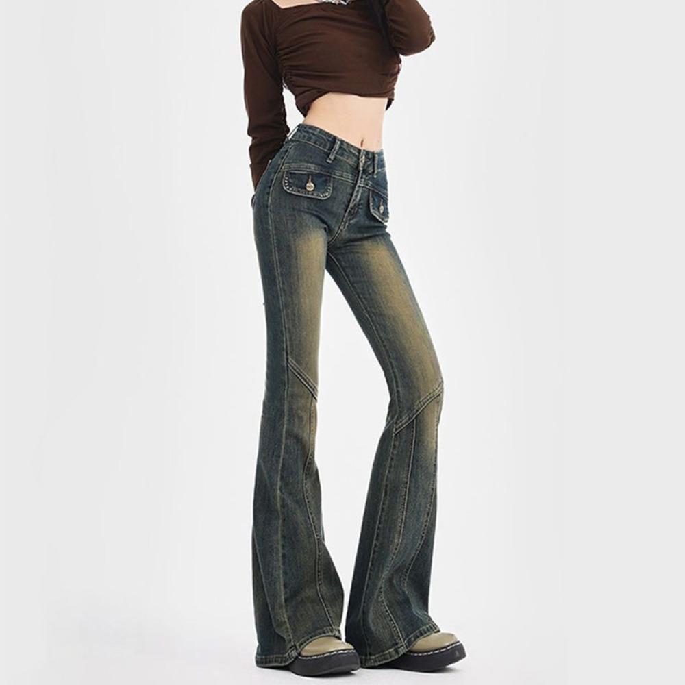 Retro Splicing Micro-pull Jeans Women's Spring New Design High-waisted Slim-fitting Elastic Flared Pants