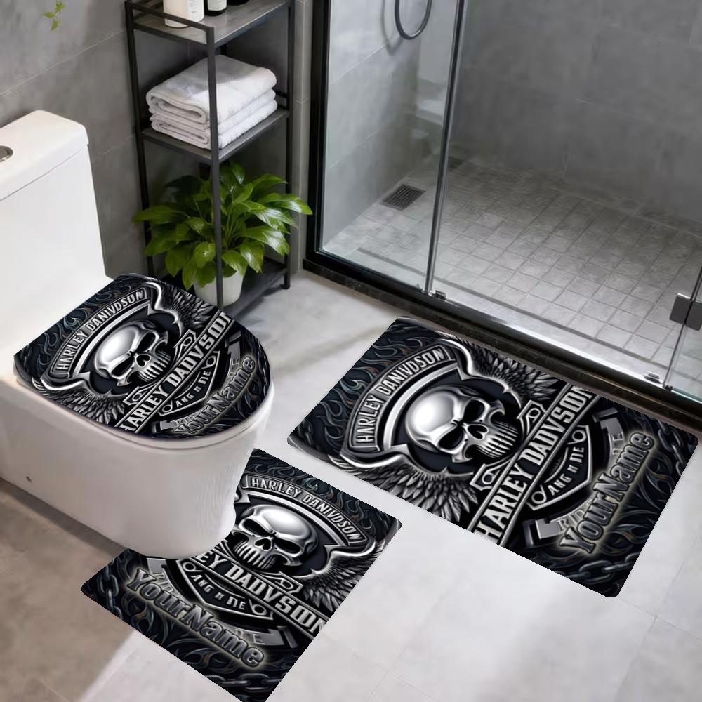 Harleydavidson Motorcycles Customize Your Name 3Pcs Bathroom Mat Set Toilet Lid Cover Ushaped Foot Mat Nonslip Floor Mat Decor For Bathroom