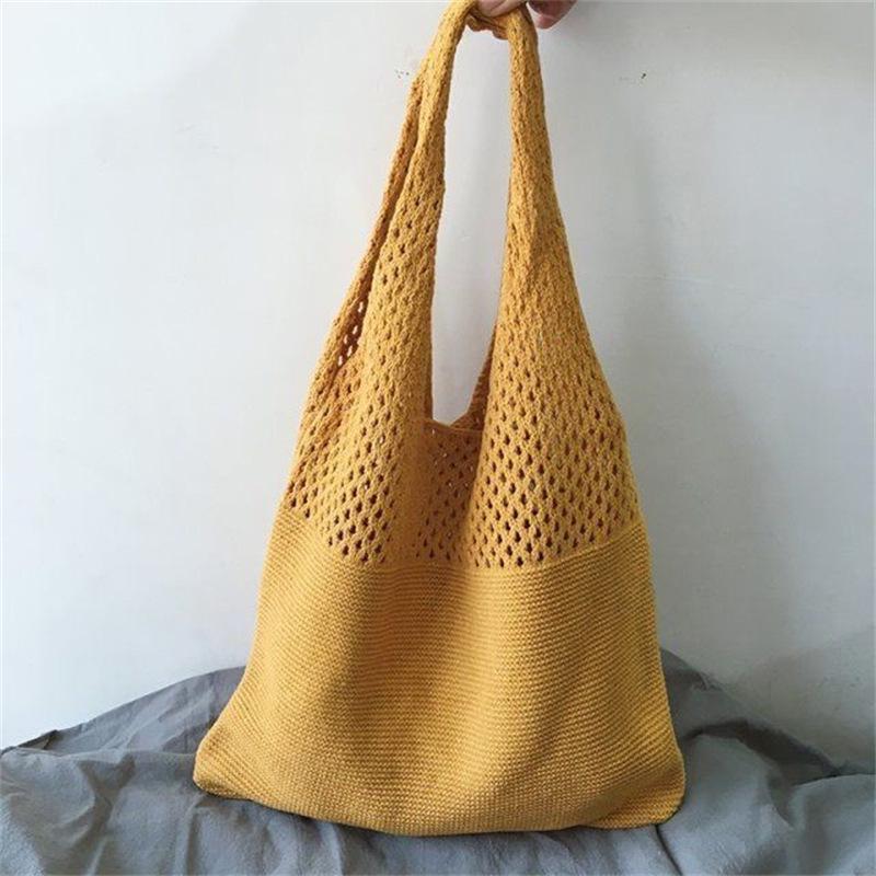 2022 Korean Knit Hollowed Shoulder Handbag - Women's Large Capacity Trendy Tote