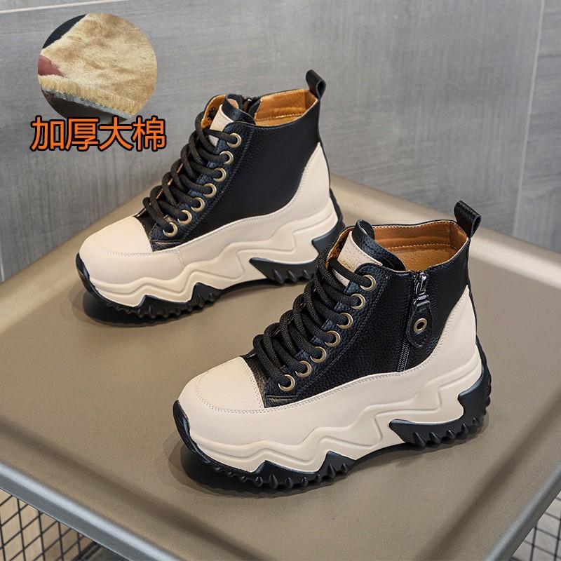 Autumn and winter new thick-soled cm height-increasing casual women's cotton shoes trendy short boots lace-up zipper high-top women's shoes