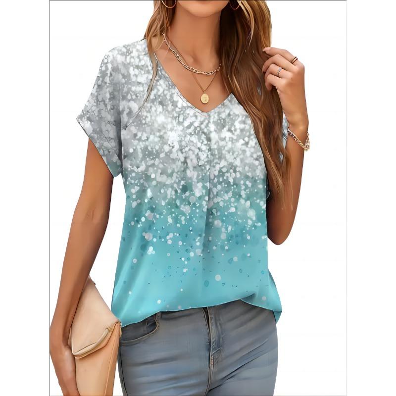 2026 New Summer Women T-shirt 3d Fashion Print Gradient Harajuku T Shirt Oversized Tee For Ladies Clothing New Short Sleeve V-Ne