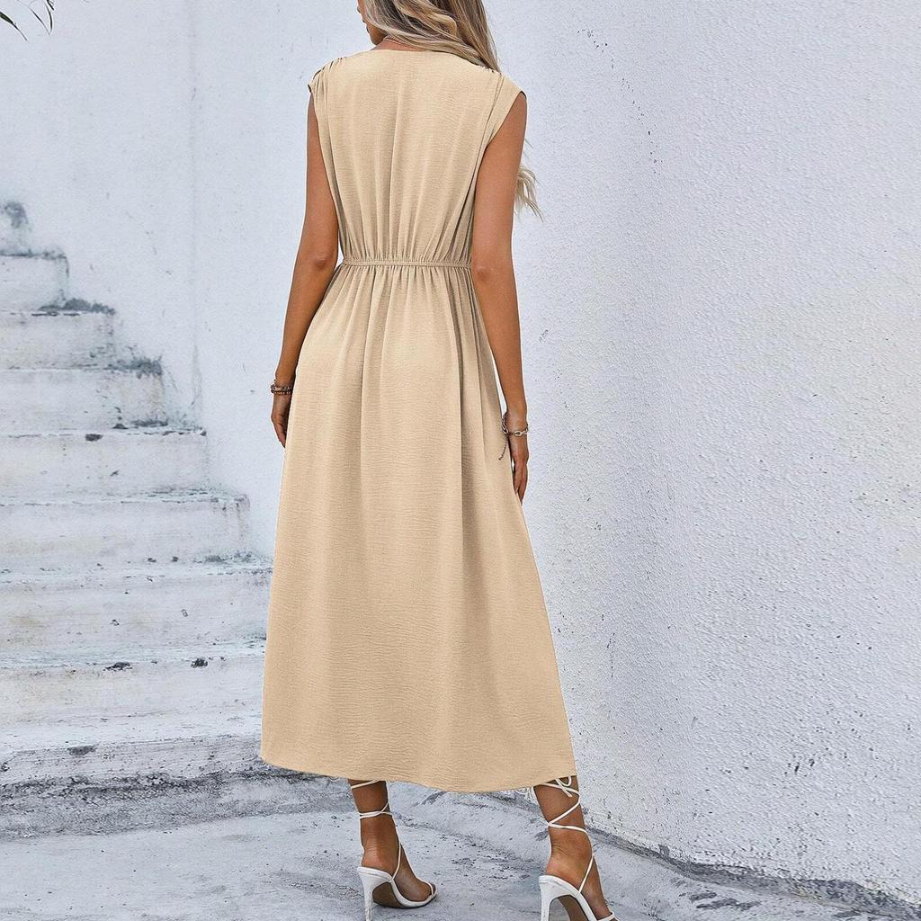 Women's Fashion Casual -Color Waist-Tied Long Sleeveless Dress