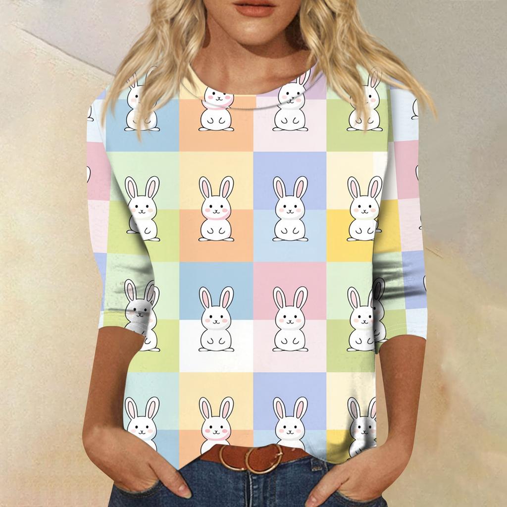 Top da donna casual con stampa di elementi pasquali, girocollo