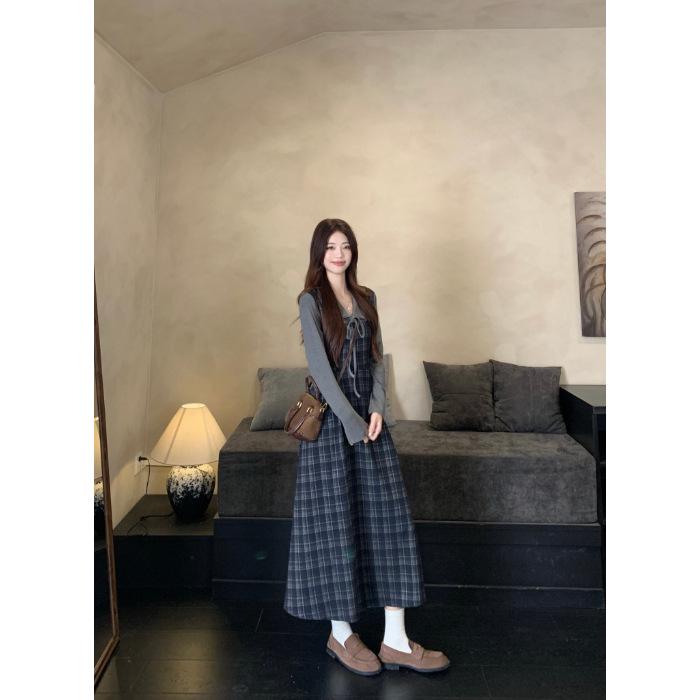 Plus Size Plaid Two-Piece Look Dress - Spring 2026 Slimming Long-Sleeved Waist-Cinched Skirt for Women