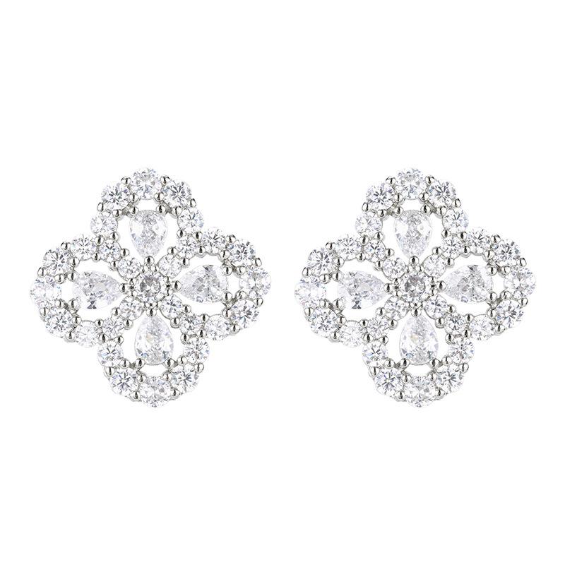 Huamei Jewelry Set Earstuds S925 Silver Needle Necklace With Zircon Clover Clavicular Chain Fashionable Versatile Women