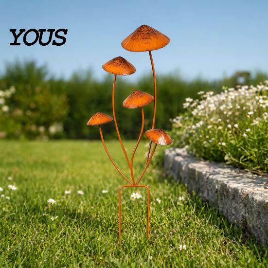 Outdoor Decorative Yard Art Metal Mushroom Garden Stake, Retro Mushrooms Statue, Style Set Stake Plant Sculpture for Lawn Planter Decor Fade Resistant