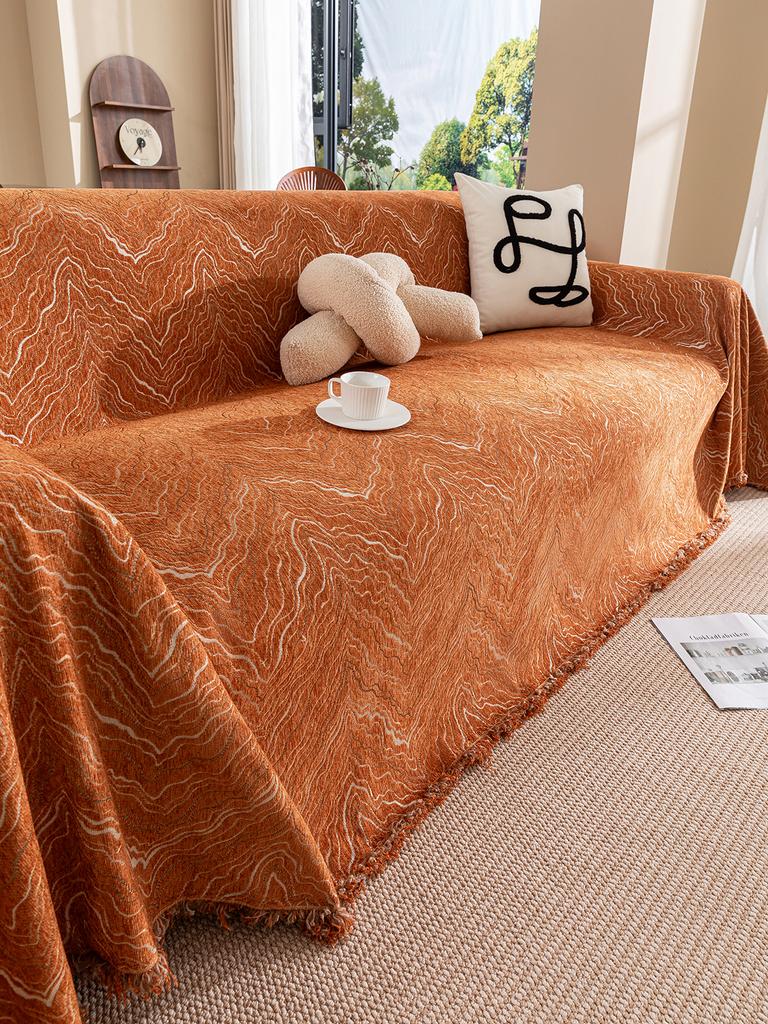 Toalla de Sofá de Chenilla Naranja Otoñal para la Sala de Estar, Decoración del Hogar de Estilo Nórdico con Bordes de Borlas, Juego de Sofá de Tres Plazas
