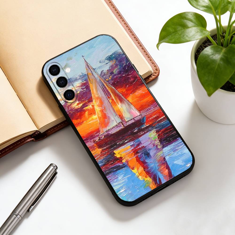 Ölgemälde Segelboot Handyhülle Für Samsung Galaxy A73,A72,A71,A70,A53,A52,A51,Weiche Silikon Schwarze Hülle