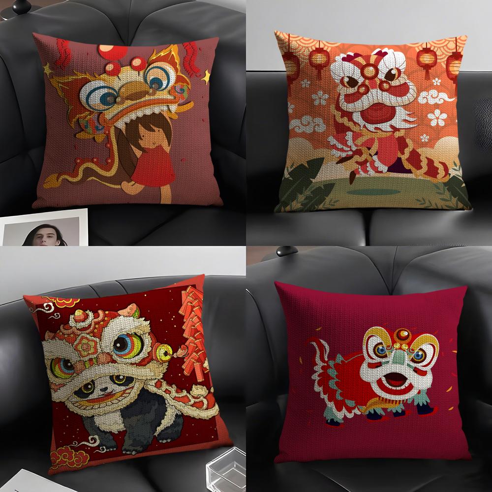 Linen Cushion Covers For Decorative Sofa Home Pillows Case Car Chair Pillows Cases Chinatown Festive Lion Print Pattern