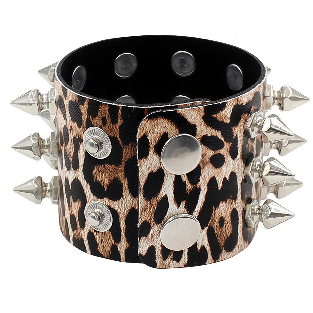 Eco-friendly PU Leather Harajuku Punk Cone Spike Bracelet with Three-Row Chains