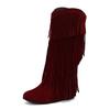 FOREADA Women Knee High Cowboy Boots Round Toe Height Incresing Mid Heels Tassel Western Long Boots Ladies Fashion Shoes Winter 46