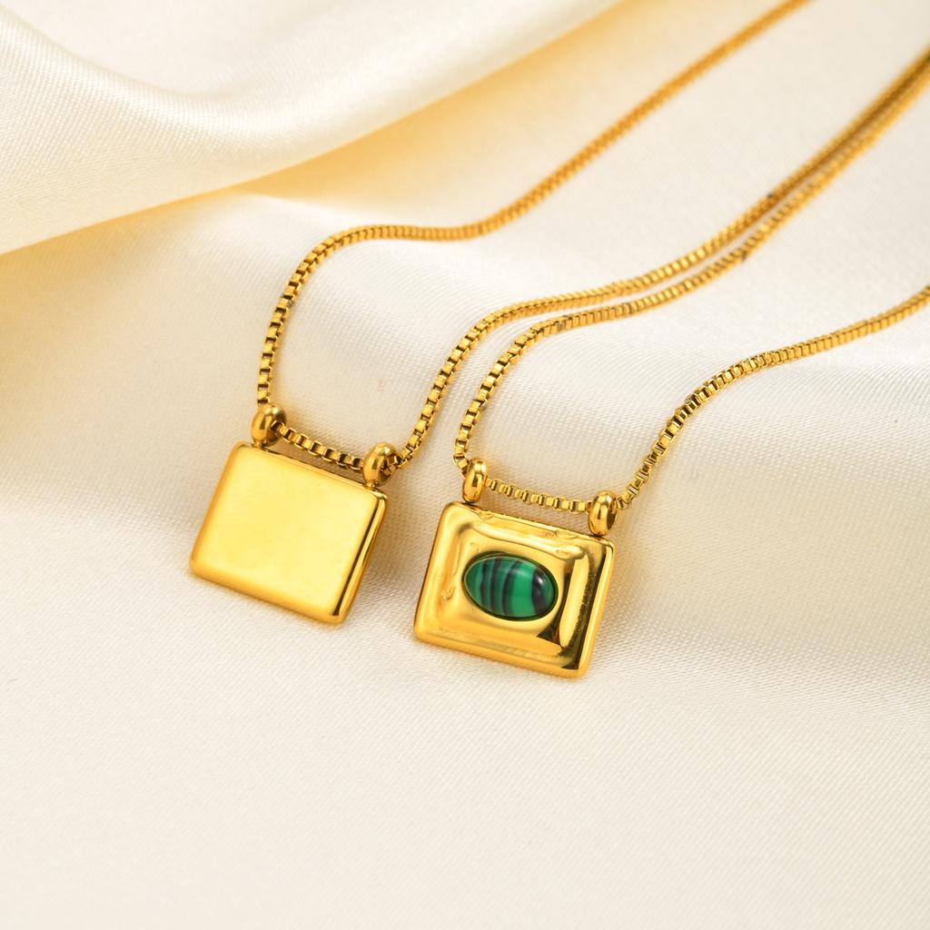 Square Pendant Necklace Stainless Steel Natural Stone Inlay Box Chain for Women Vintage Healing Jewelry Waterproof