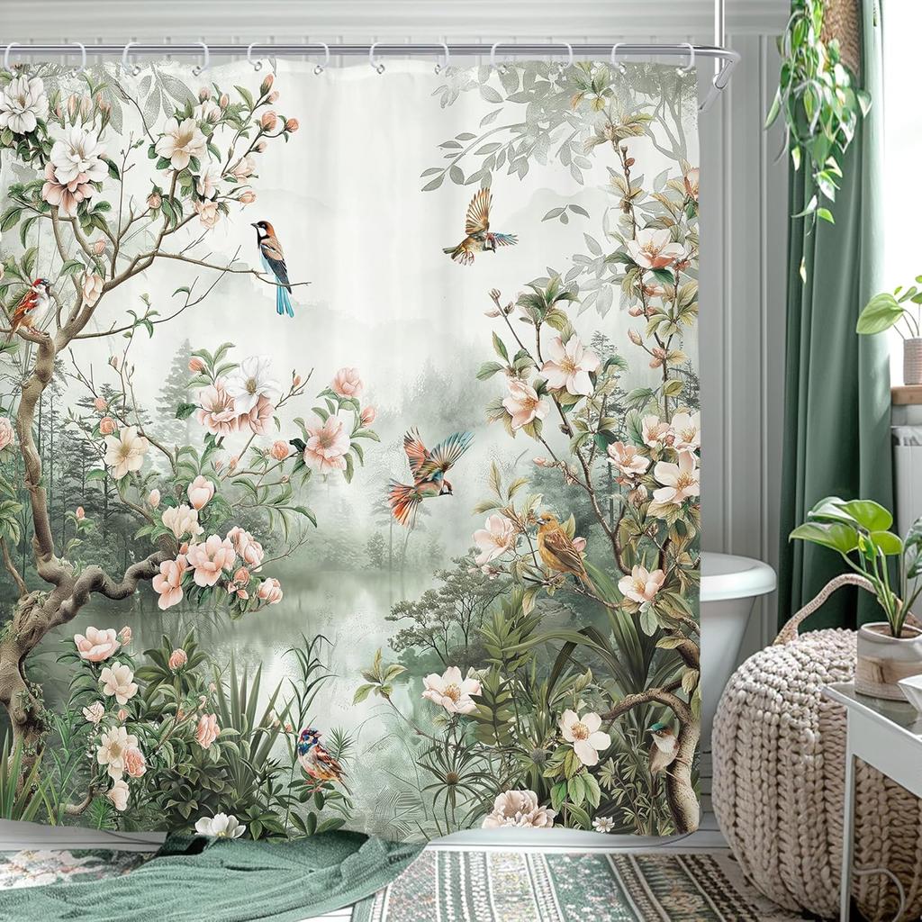 Cortina de Ducha Floral con Pájaros Vintage, Estampado de Peonías Estilo Asiático, Poliéster Impermeable Decoración de Baño