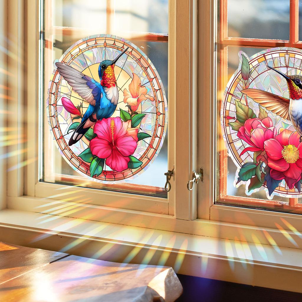 Retro Round Butterfly Flower Hummingbird Colorful Sunlight Static Glass Sticker Double-Sided Visual Window Decorative Window Sticker