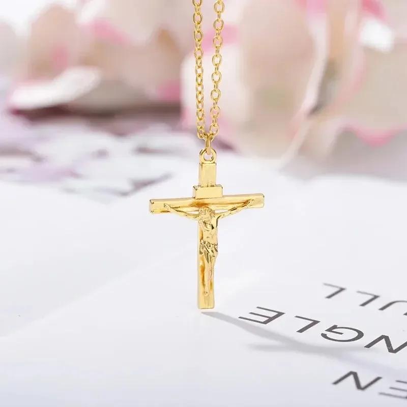 316L Stainless Steel Cross Necklace 18K Gold Plated Religious Pendant Unisex Hypoallergenic Non-Fading Chain Church Jewelry Gift