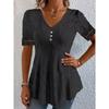 Summer New Women's V-Neck Jacquard Hollow Out Lace Waist-Cinched Fashion Short Sleeve Top T-Shirt for Women