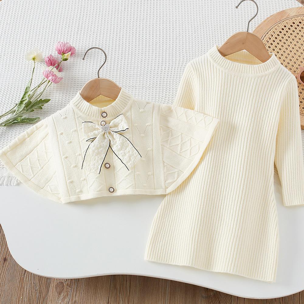 2025 New Autumn Korean Style Cape Knit Dress 2 Piece for Kids Clothing Set Bowknot Long Sleeve Dress Set