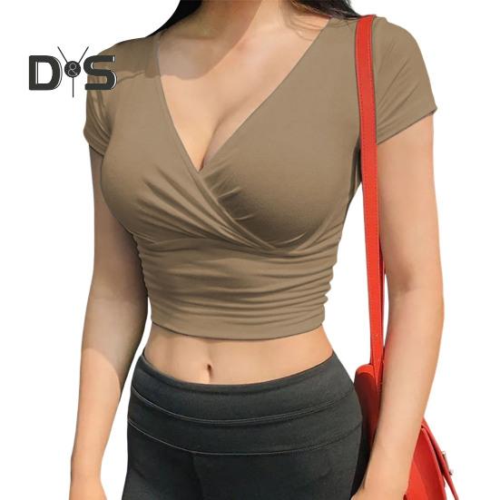 

Женская футболка с глубоким V-образным вырезом и коротким рукавом, футболка с открытым пупком, облегающие однотонные топы, легкие эластичные укороченные топы L хаки