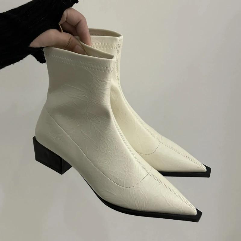 Moda toamnă iarnă cizme femei cu vârf ascuțit cizme chelsea cu toc mic pentru femei cizme scurte de designer punk groase femei