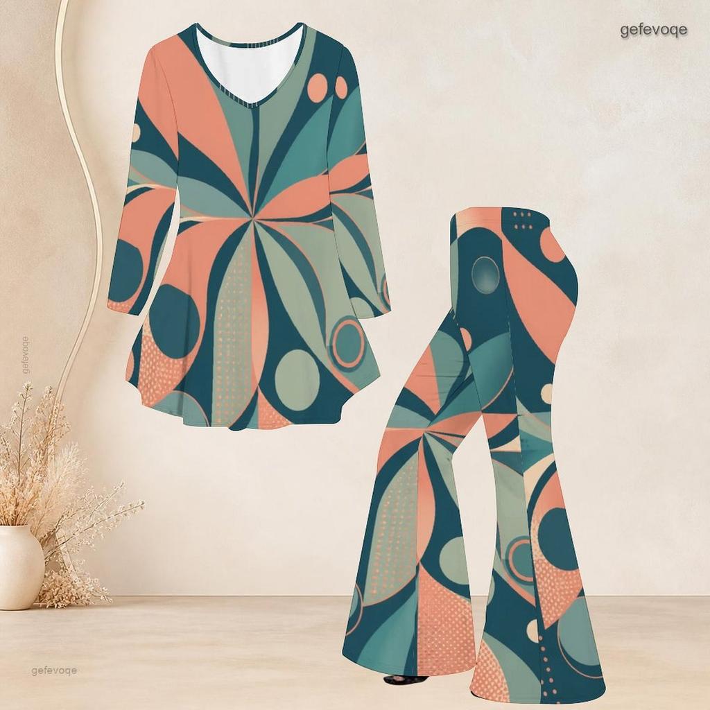 Women Plus Size Round Neck Three Quarter Sleeve Printed Flared Top And Flared Pants Two Piece Set