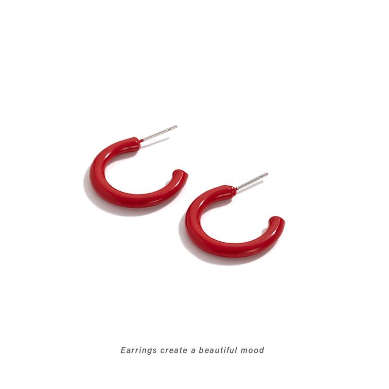 Red C-Shaped Enamel Drop Earrings: Minimalist 2025 Design, High-Quality Texture