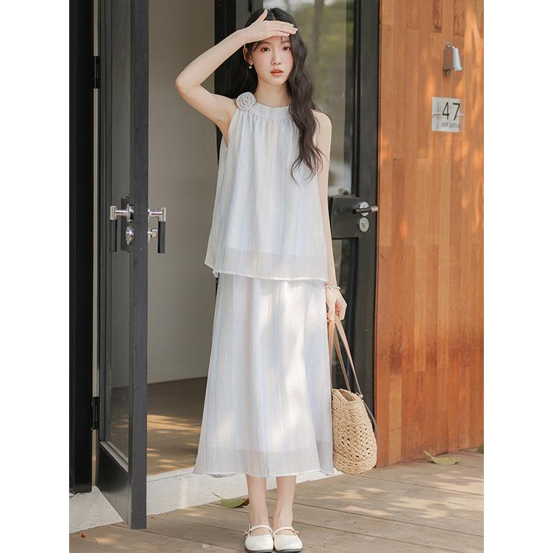 Summer New Sleeveless Neck Top + Medium and Long Skirt Fairy Set Two-piece Set