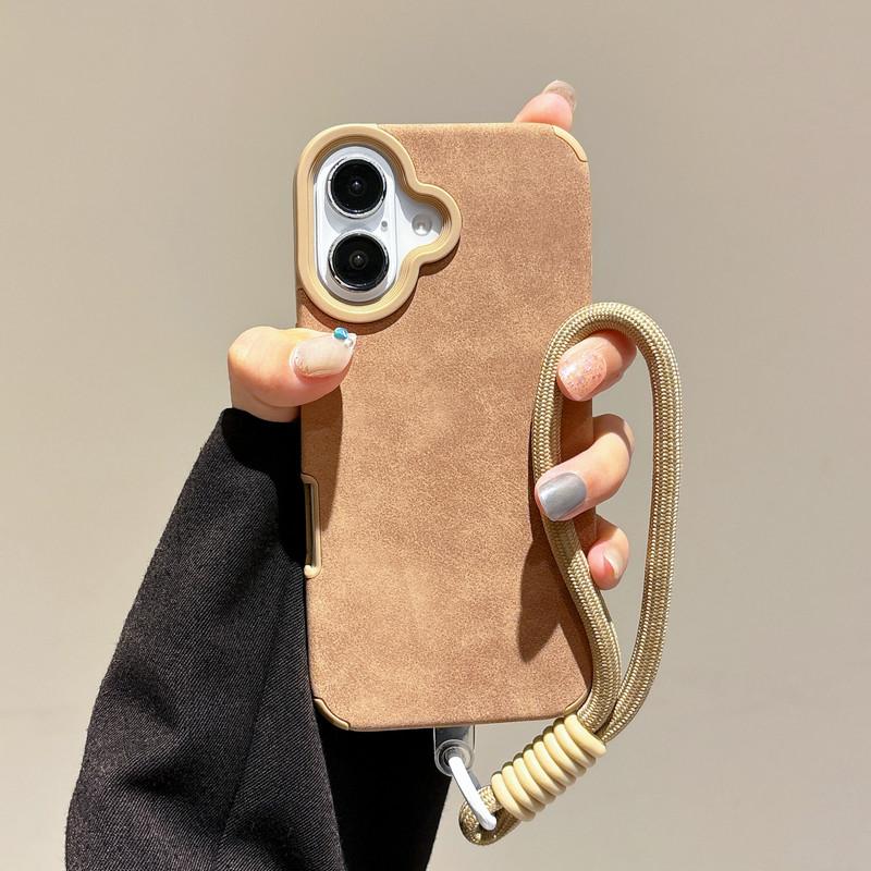 Simple Pure Color Leather Case + Lanyard Protective Shell Soft Silicone Case for iPhone