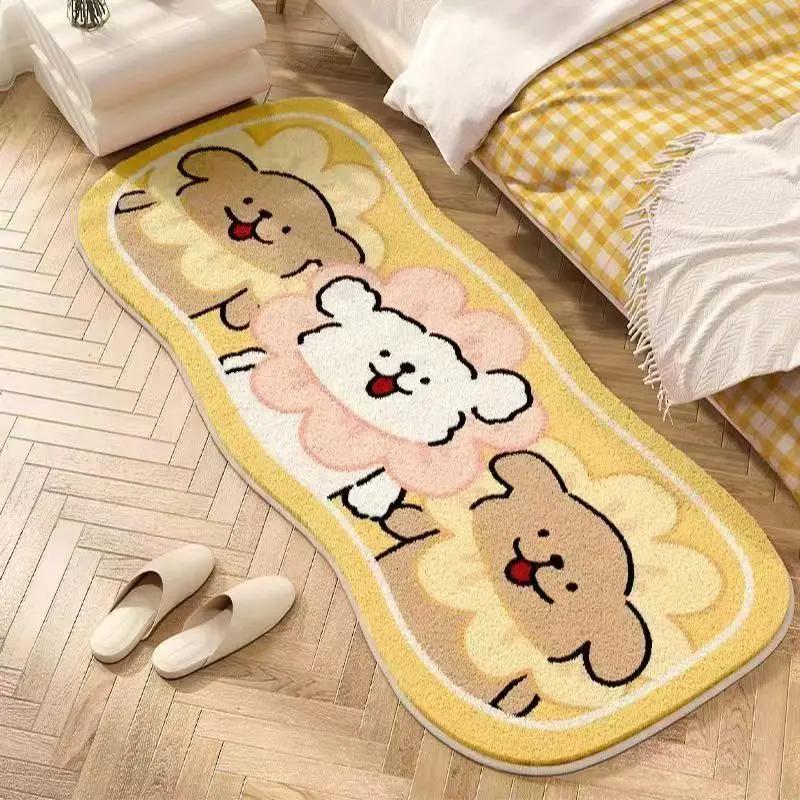 Cute Cartoon Dog Long Bedside Rug, Yellow Floral Puppy Plush Mat, Soft Non-slip Washable Floor Carpet For Bedroom