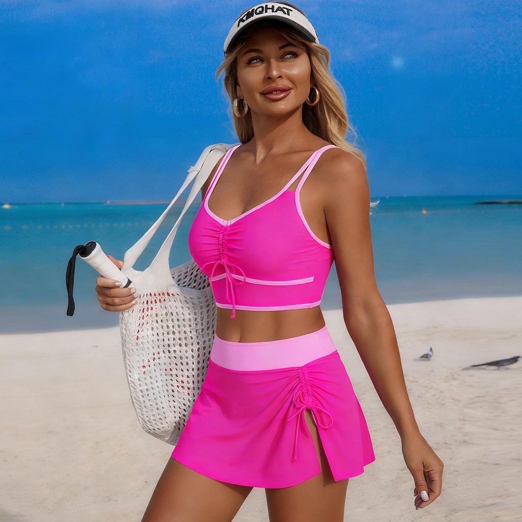 Damen-Badeanzug Unifarben Kordelzug Sport Schlitze Rock Sexy Bikini Anzug Strandbekleidung Mehrfarbig