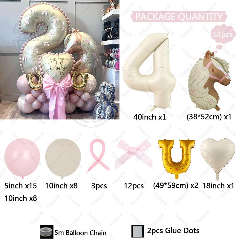 53pcs Bow Horsehead Theme Balloon Cream White Number 1-9 Balloons for Children's Birthday Party Room Decoration Balloon Supplies