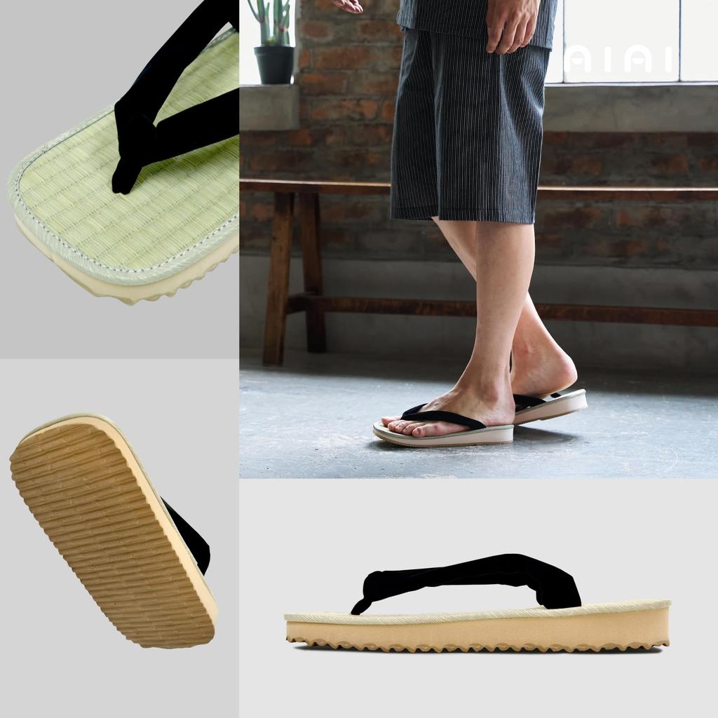 [Ai-Ai] Setta Sandals, Sponge Sole, Tatami Rush Grass, Size M, Black, Indigo Dyed Thongs (Stripes/Hemp Leaf/Seigaiha Pattern), Black Thongs, 5 Sizes A