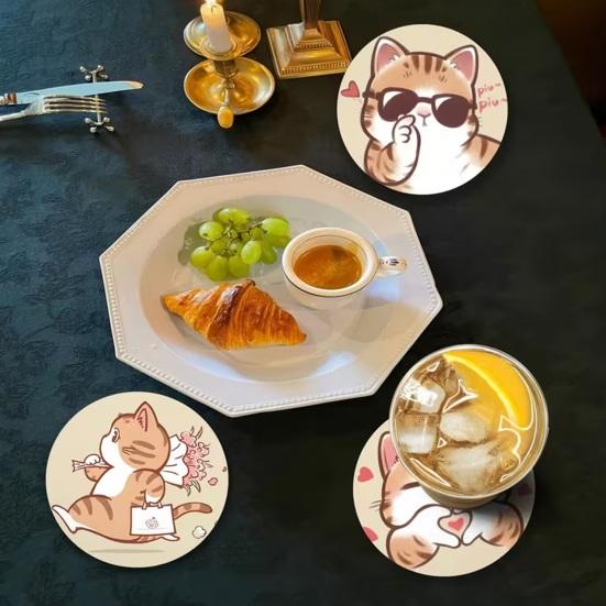 6Pcs Cute Wooden Cat Coaster, Cartoon Heat Insulation Mats for Table, Non Slip Drink Coasters for Coffee Cups
