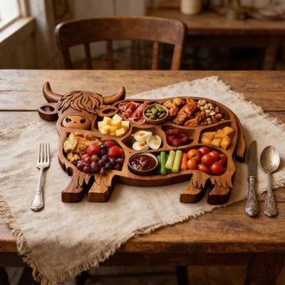 Yousheng Highland Cow Wooden Charcuterie Board Cute Cow Shaped Serving Tray Rustic Farmhouse Food Platter with Compartments for Cheese Meat Fruit