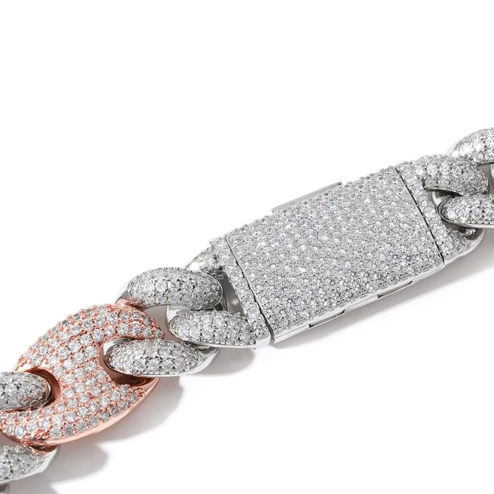 Hip Hop Jewelry 20mm Chunky Bling CZ Iced Out Pig Nose Cuban Link Chain Two Tone Bracelet for Men