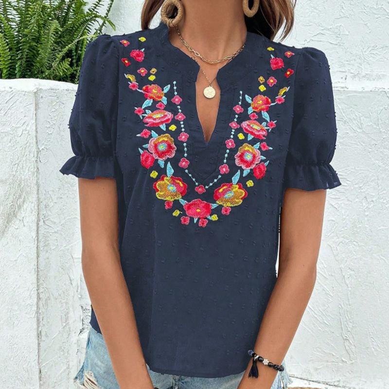 

Женская летняя блузка с короткими рукавами, V-образным вырезом, вышивкой, повседневная, пуловер, рубашка, топ с оборками XL
