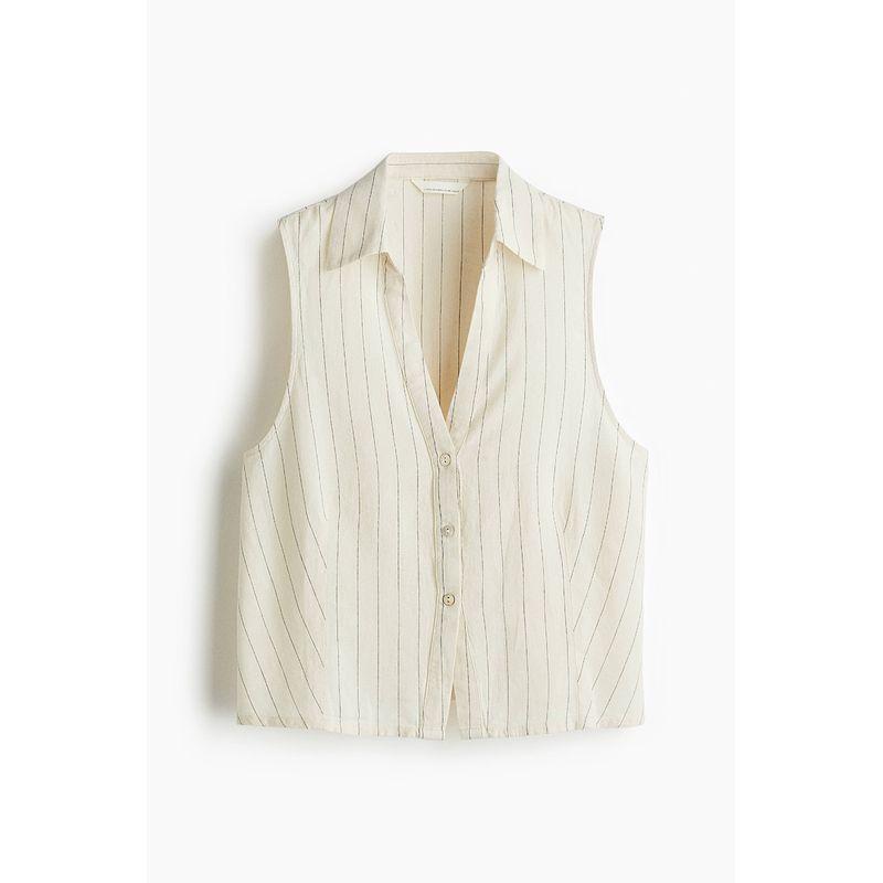 

HM Women s Shirt 2025 Summer New Arrival Linen Blended Lapel V Neck Sleeveless Shirt Stripes Tops 1289990 Cream/Pinstriped 160/88(S)