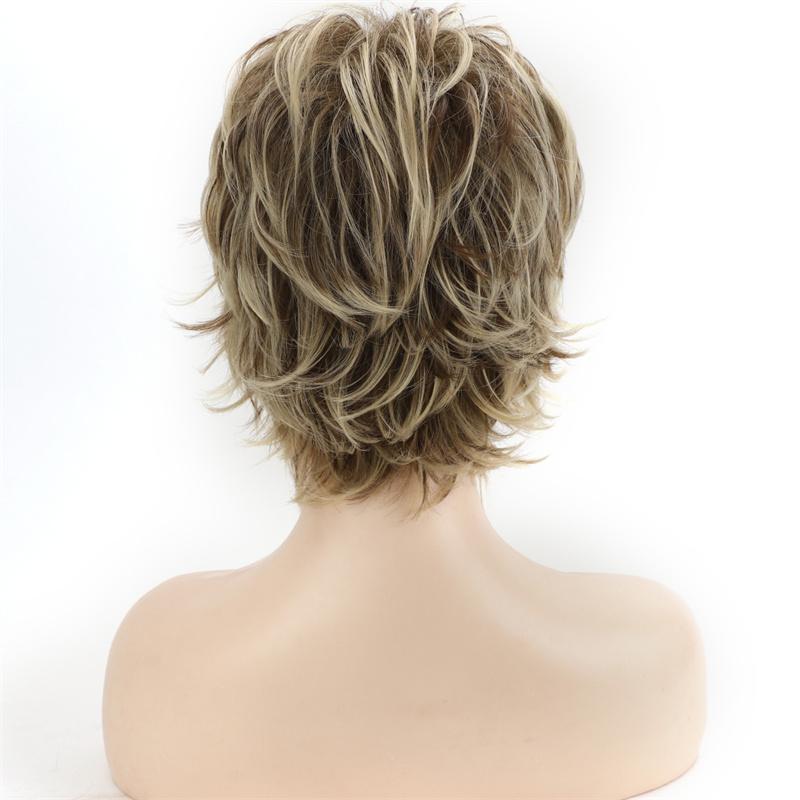 Synthetic Mommy Wig with Bangs for Women Mixed Blonde Short Curly Wigs Pixie Cut Hairstyle Daily Costume Heat Resistant