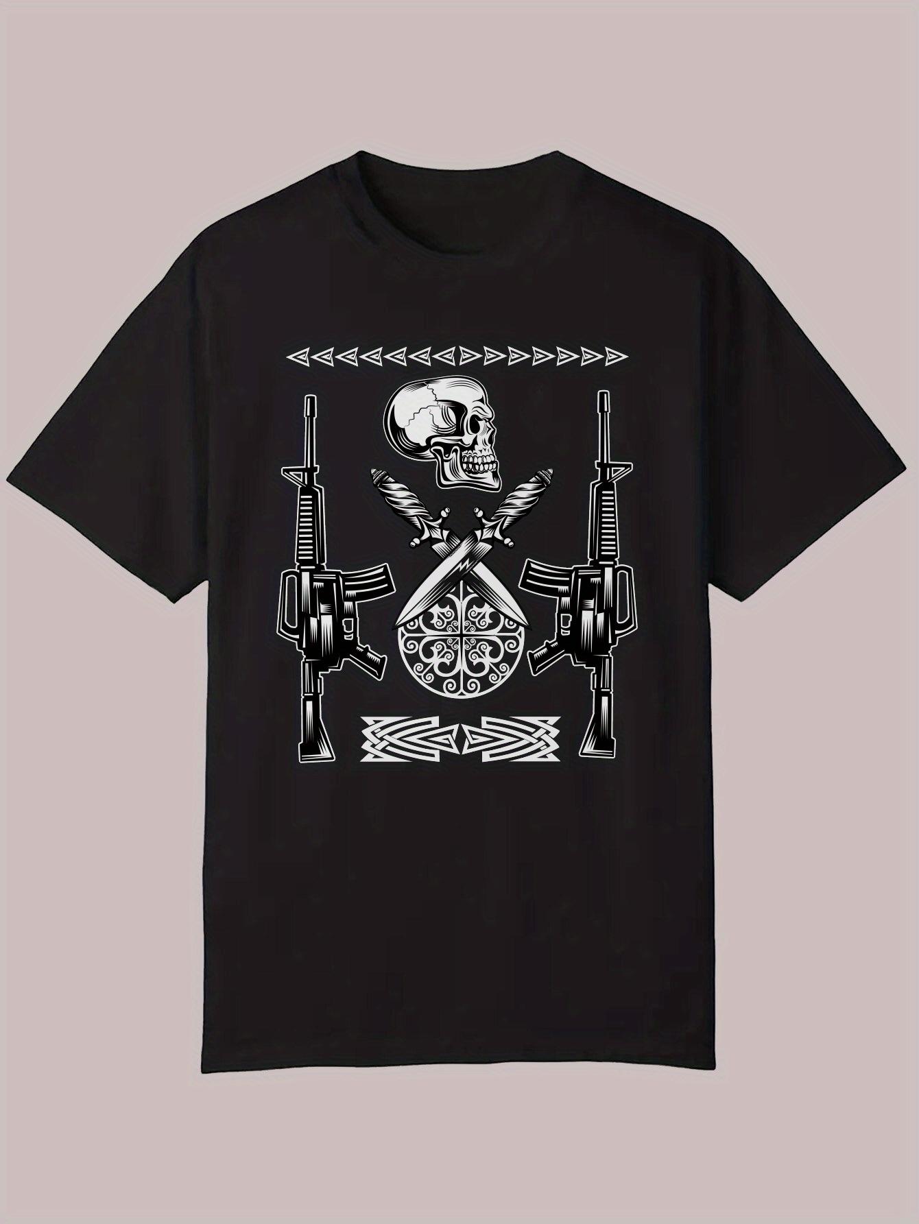 Graphic Print Casual T-shirt - Skull & Crossed Rifles Design XXXL