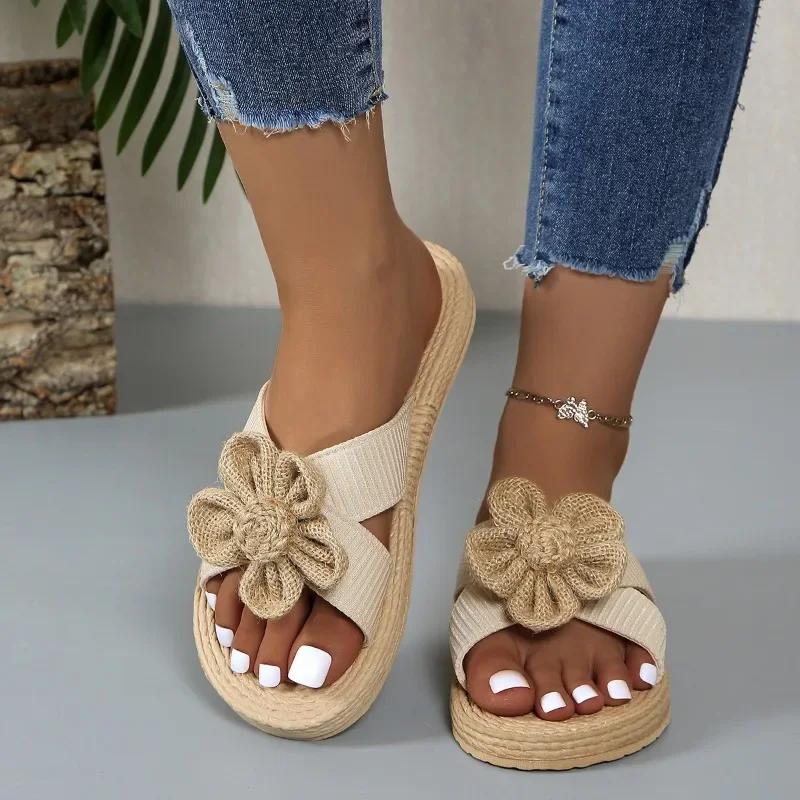 Fashion Women's Casual Slippers 2025Summer Bow Flat Weave Beach Flat Shoes Ladies Open Toed Flip Flops