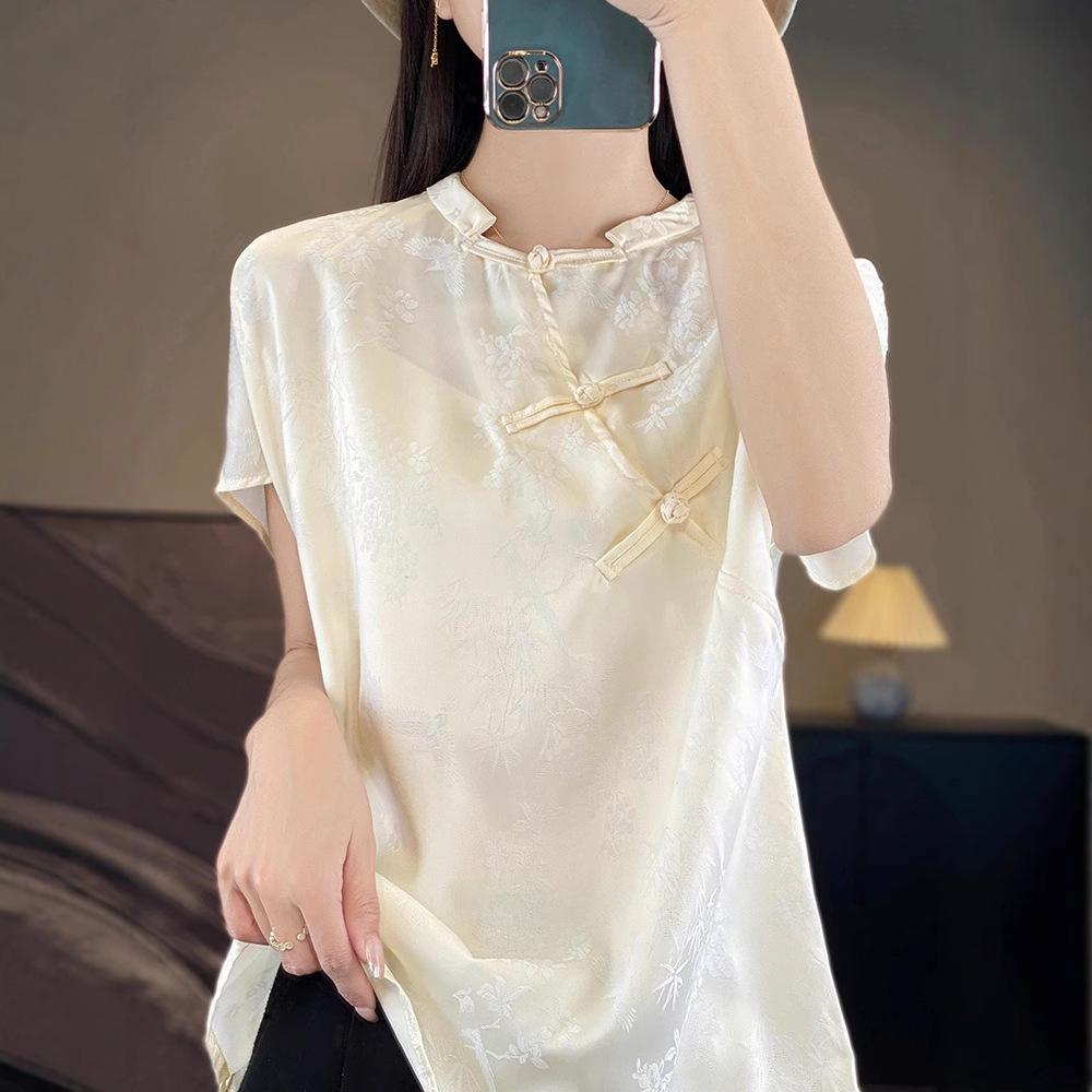

2025 Summer Chinese Style Faux Silk Jacquard Frog Button Top for Women XXL