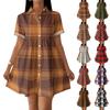 Casual Loose Fit Shirt Dress with Button Front and Stand Collar Short Sleeve Relaxed Fit Plaid Pattern Dress for Women
