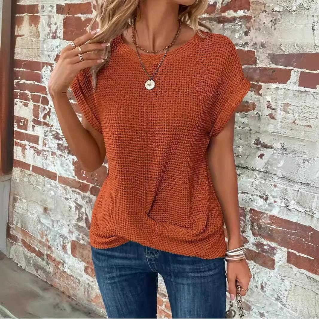 GMXIA Однотонная футболка с круглым вырезом Элегантный короткий топ с витым подолом Весна Лето Женская одежда S коралловый