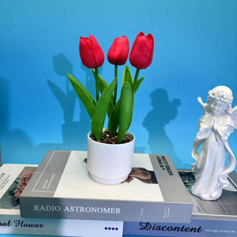 

Three Tulip Rain Flower Stone Bonsai Office Desk Decoration Artificial Flower Potted Plant Simulation Green Plant Ornaments червоний
