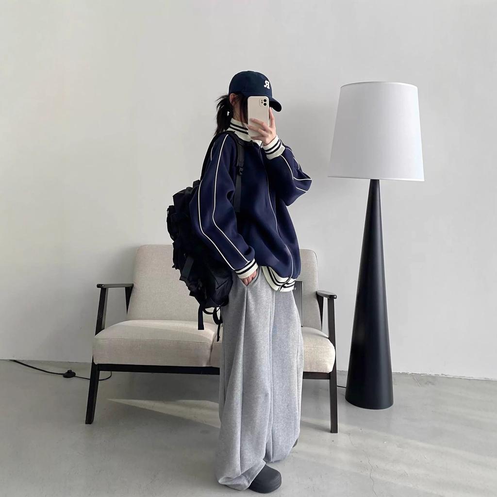Retro Striped Baseball Jacket Stand-up Collar Hatless Contrast Sweater Jacket Spring and Autumn Korean Top