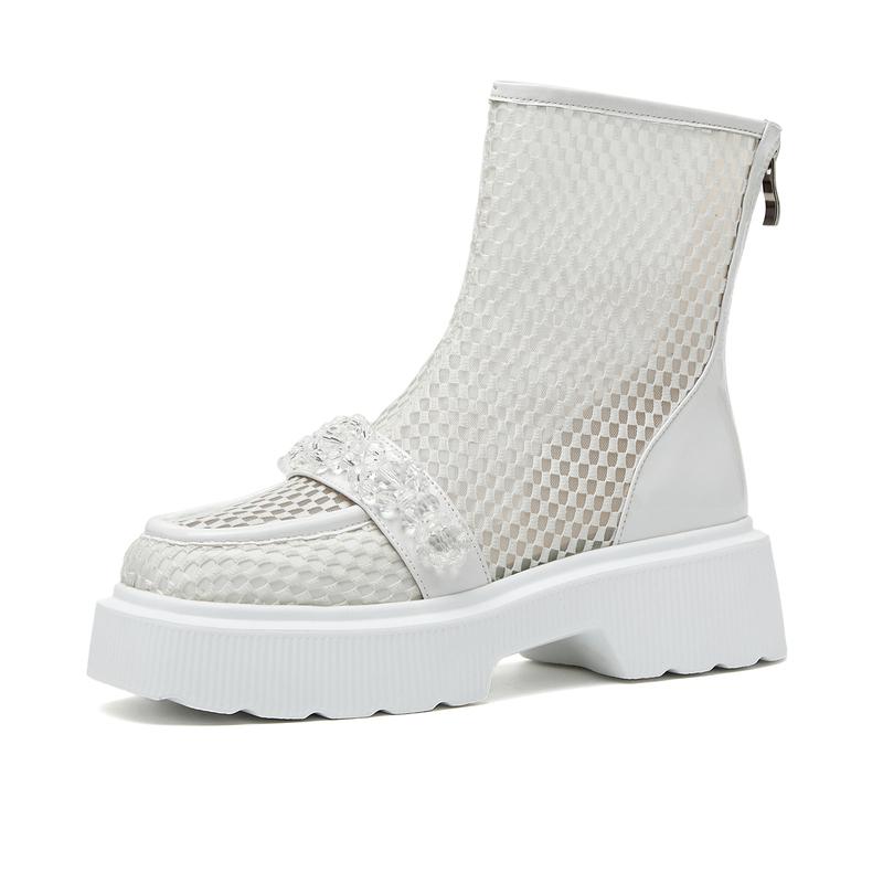 

мода Женская осенняя мода Короткие сапоги Толстая подошва Белые сандалии Сетчатые женские ботильоны с ромбовидным узором Толстая подошва Короткие сапоги 38 белый