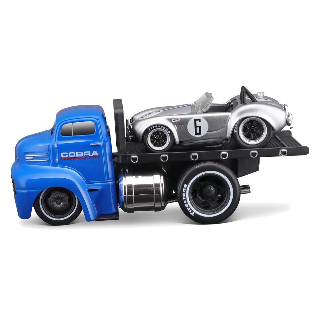 Maisto 1/64 Scale Muscle Machines Muscle Transporter Diecast Model Car (1950 Ford COE Flatbed/1964 Shelby Cobra - Silver/Blue 11548)