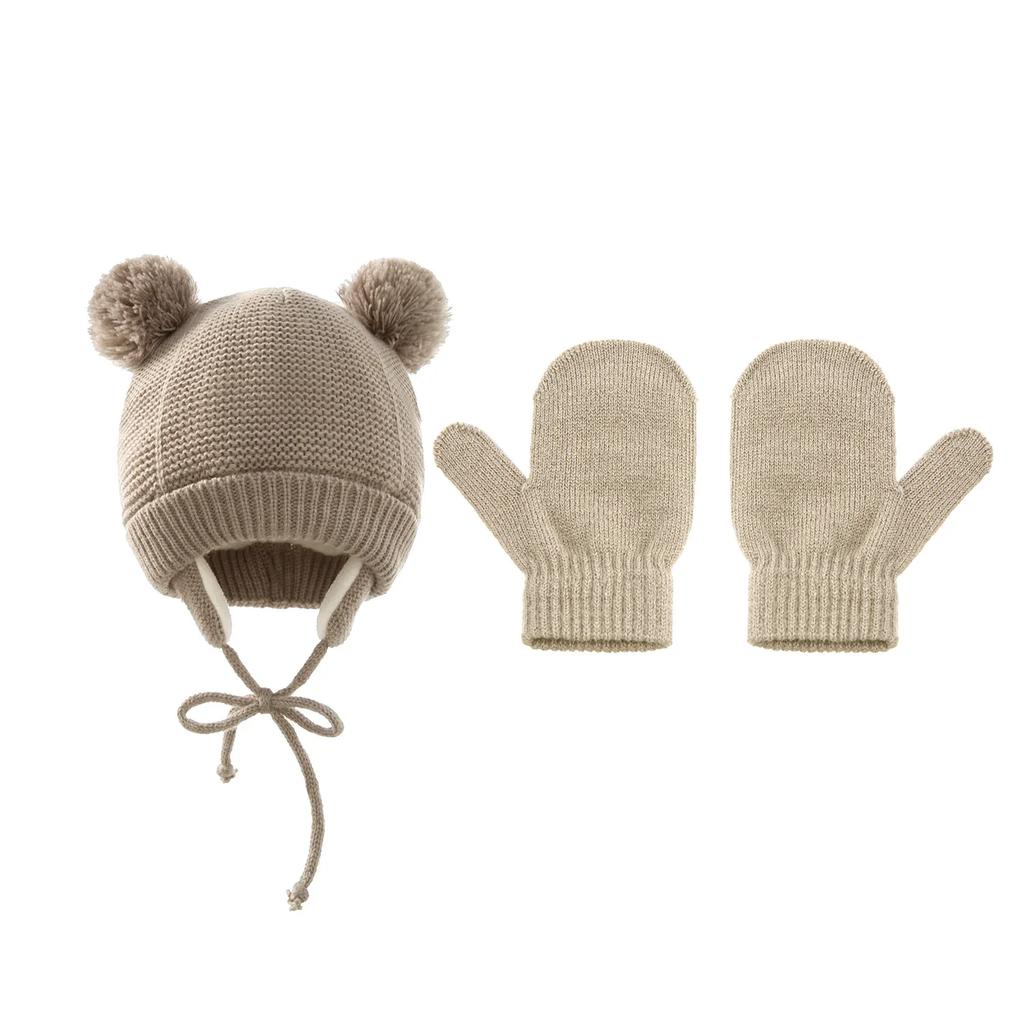 Cross-Border Baby Hat Two-Piece Set Knitted Hat Gloves Foreign Trade Classic Style Warm Hat Gloves Set for Children