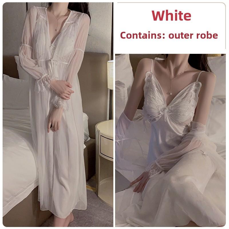 Große Größe Pyjama Plus Brustpolster Eisseide Langes Trägerkleid Morgenmantel Damen Zuhause Reiner Wunsch Anzug